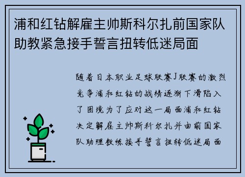 浦和红钻解雇主帅斯科尔扎前国家队助教紧急接手誓言扭转低迷局面